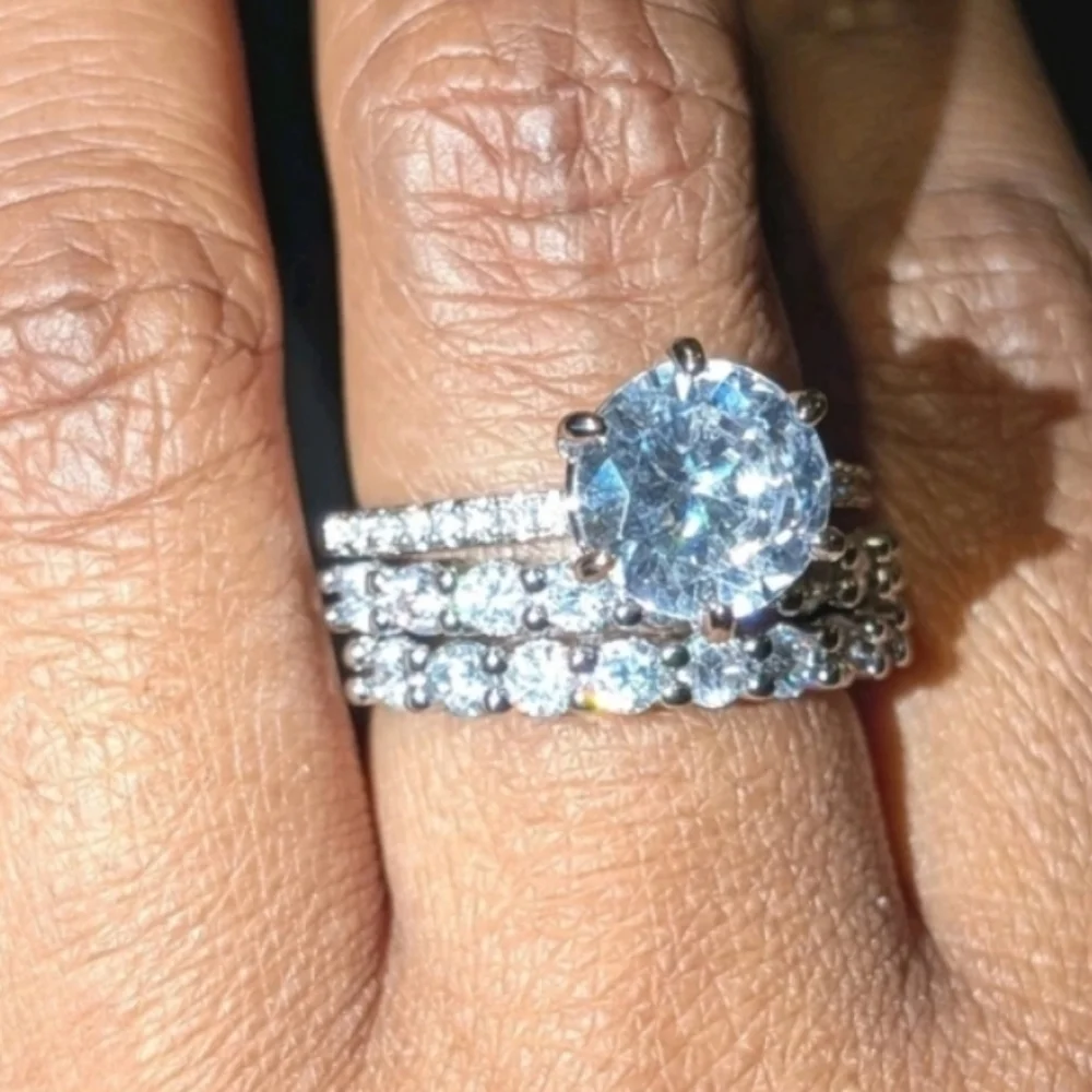 Shimmering 5ct Round Cut Moissanite Trio Silvery Bridal Wedding Ring Set